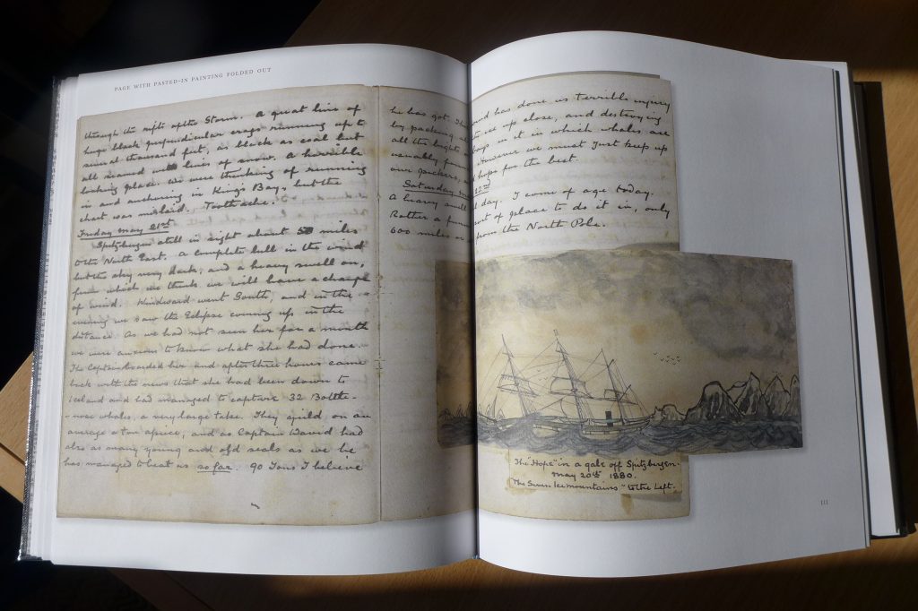 Dangerous Work s. 111: Päiväkirjamerkintä perjantailta 21.5.1880 ja Conan Doylen vesivärimaalaus The "Hope" in a gale off Spitzbergen. May 20th 1880. "The Seven Ice mountains" to the left.