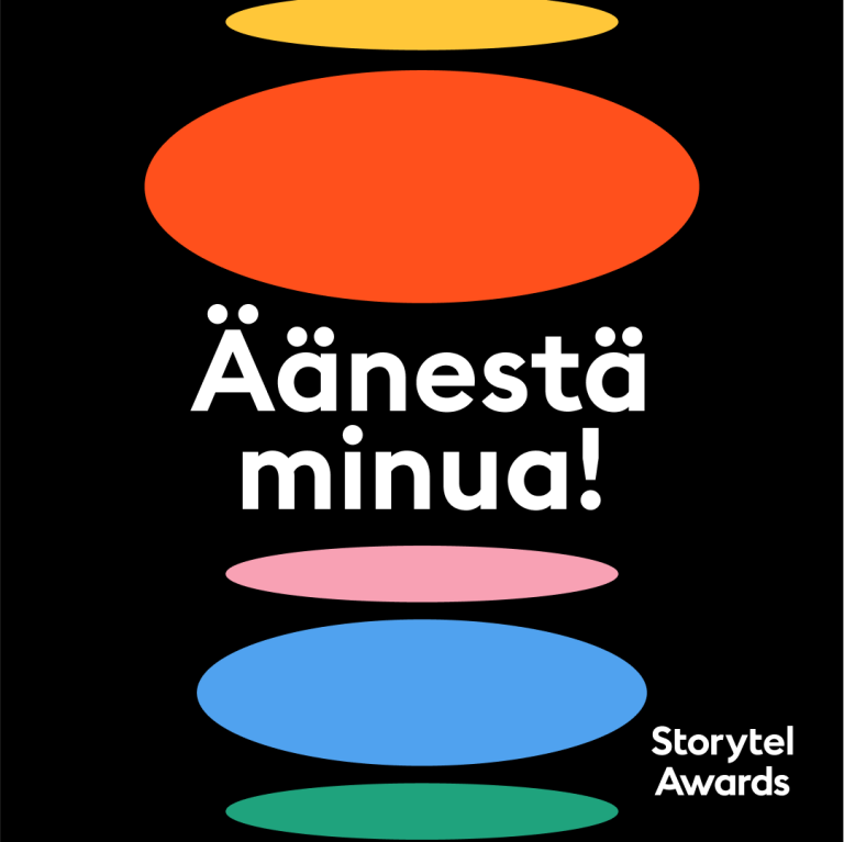 Suuren äänikirjapalkinnon mainoskuva, jossa on värikkäitä kuvioita mustalla taustalla ja teksti "äänestä minua". Kuva: Storytel